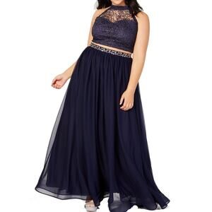 Sequin Hearts Dresses Womens Gown Navy Glitter Crochet 2-Pc. 16